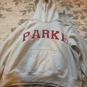 NWOT L/XL Parke Hoodie with Red Letters and Grey background
